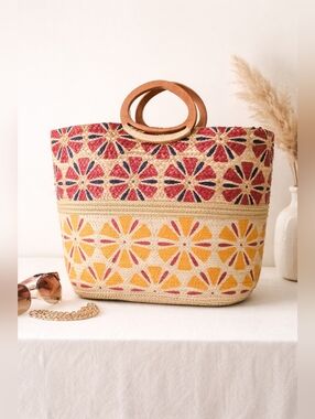 Antik Kraft Juhi Jute Floral Boho Tote, Straw, Wooden, Boho, Woven, Coastal